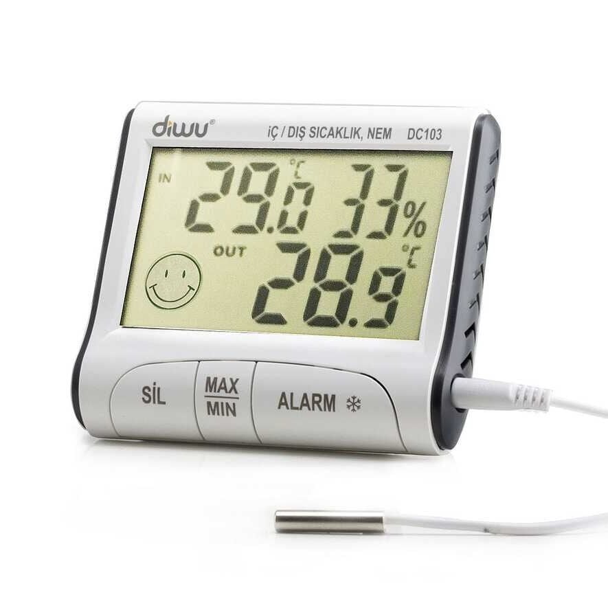 Diwu DC103 Termometre Nem Ölçer. İç Dış Max-Min. Problu