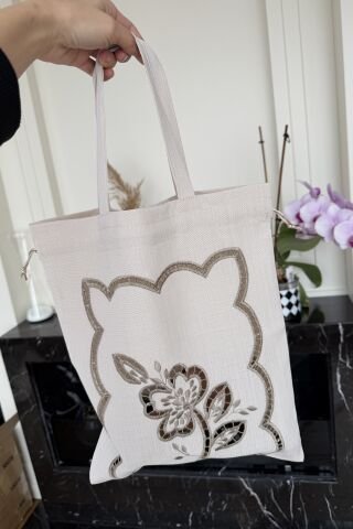 Zambak Model Delikişi Çok Amaçlı Kumaş Çanta. Kapuçino