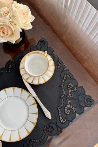 6'lı Set Delikişi Amerikan Servisi. Vintage Rose. Siyah