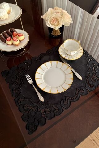 6'lı Set Delikişi Amerikan Servisi. Vintage Rose. Siyah