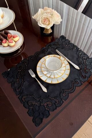 6'lı Set Delikişi Amerikan Servisi. Vintage Rose. Siyah